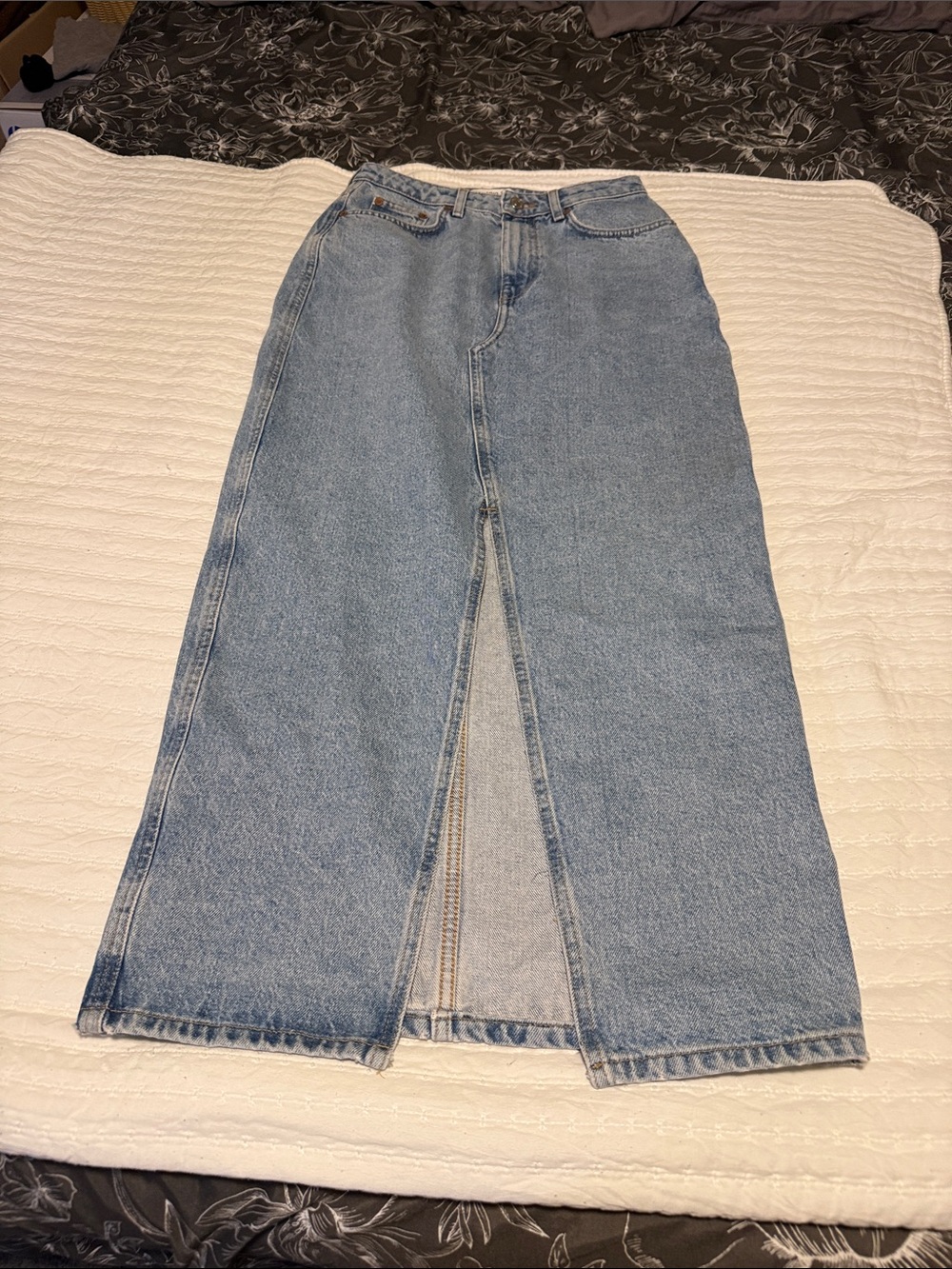Mango -High-Waist Light Blue Denim Maxi Skirt with Front Slit